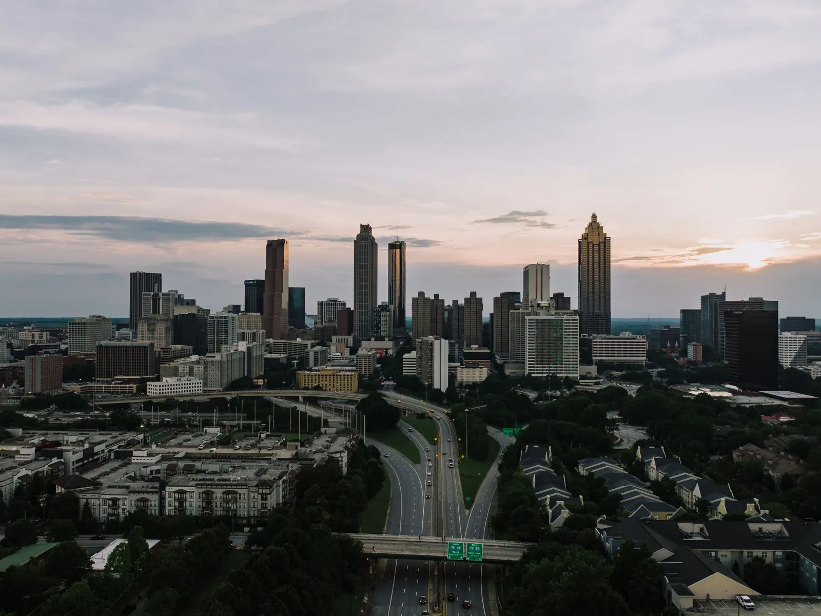 Aerial view of the Atlanta, Georgia skyline at dusk